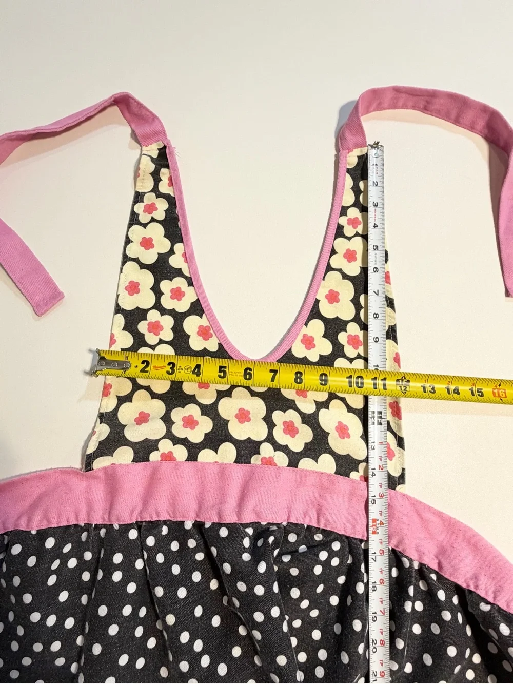 Kitchen apron full length back tie pink polka dot flower baking utility retro